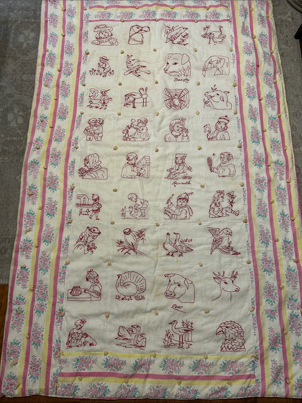 Vintage Handmade Children's Quilt -Embroidered with red/pink embroidery